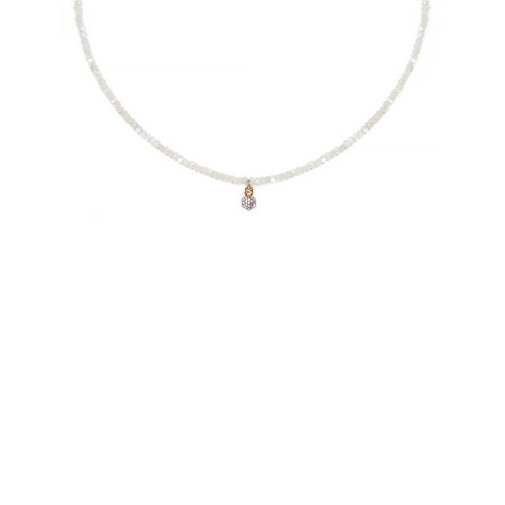 Pave Diamond Hexagon & White Moonstone Strung Choker Necklace