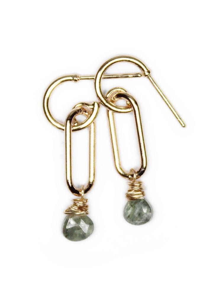 Moss Aquamarine Gold Paperclip Huggies. Bloom Jewelry handcrafted jewelry.