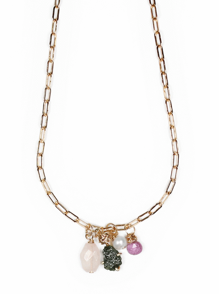 CN1095-Green-Diamond-Rose-Quartz-Pearl-Pink-Tourmaline-Paperclip-Charm-Necklace