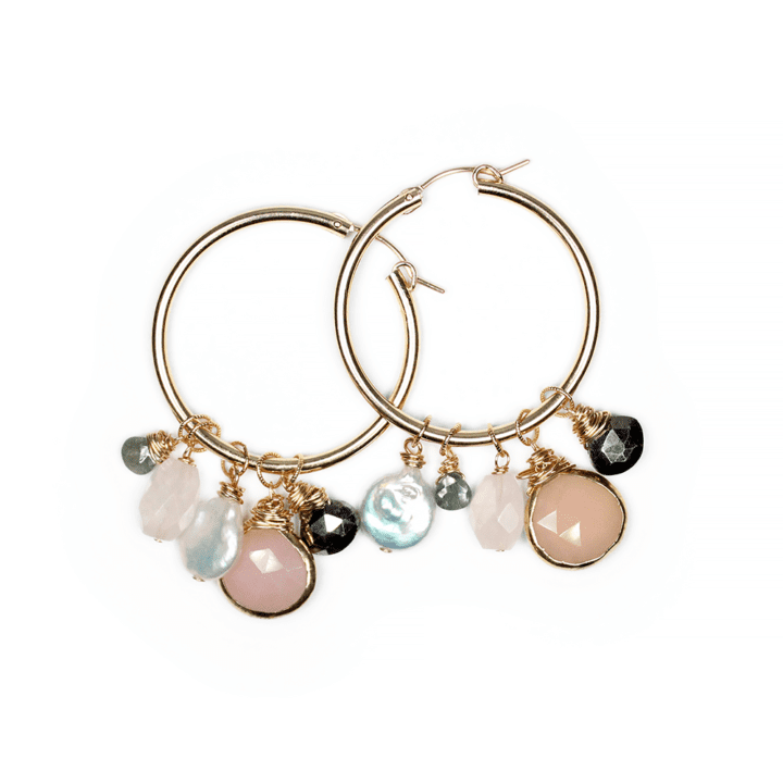 Rose Quartz Moss Aquamarine Pearl Pyrite Large Classic Charm Hoops