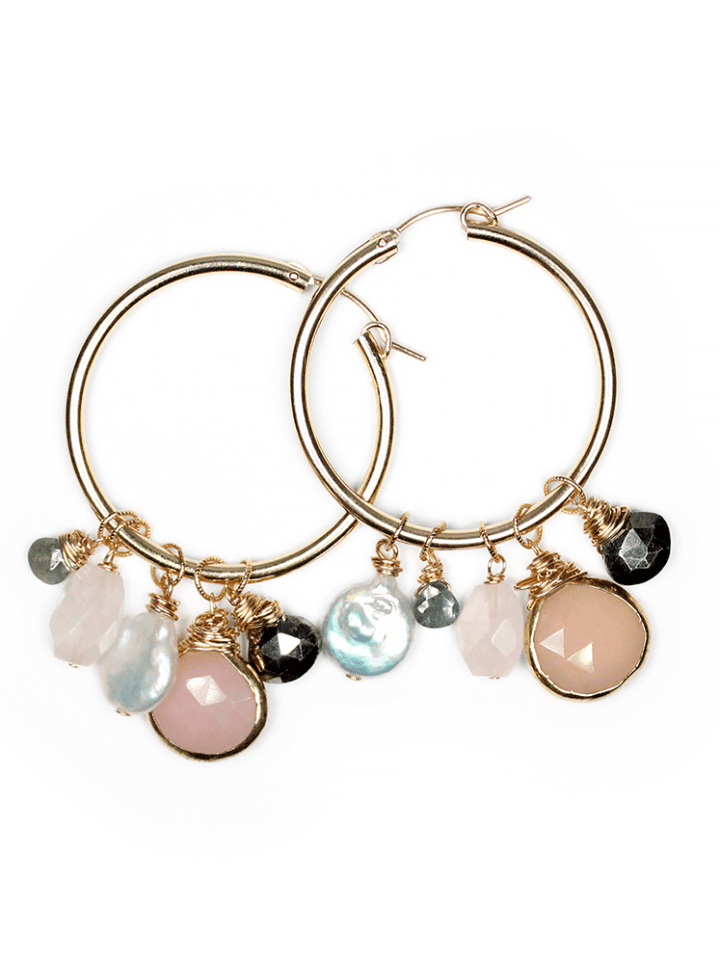 Rose Quartz Moss Aquamarine Pearl Pyrite Large Classic Charm Hoops