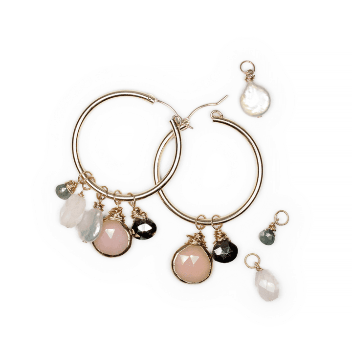 Rose Quartz Moss Aquamarine Pearl Pyrite Large Classic Charm Hoops