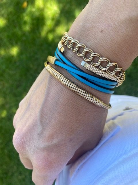 Turquoise Leather Triple Wrap Bracelet, Gold Curb chain Bracelet, Cuff Bangle, Gold handwrapped bangle