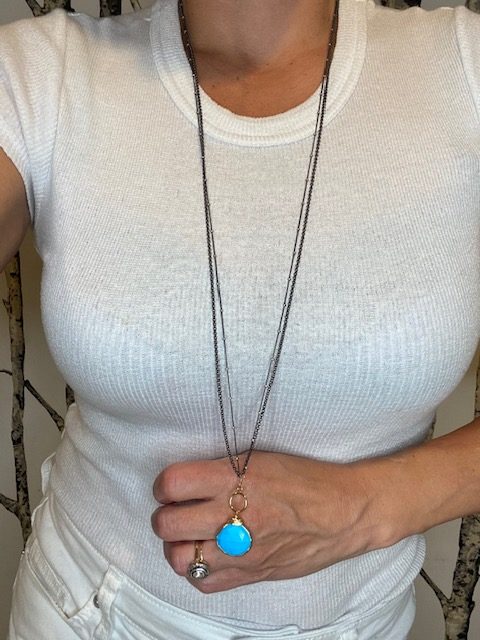 Blue Turquoise Four Strand Mixed Metal Toggle Necklace Long