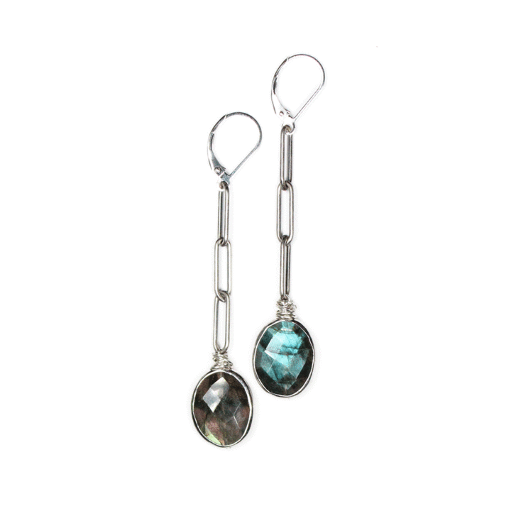 Labradorite Silver Paperclip Linear Earrings