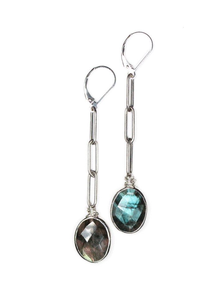 Labradorite Silver Paperclip Linear Earrings