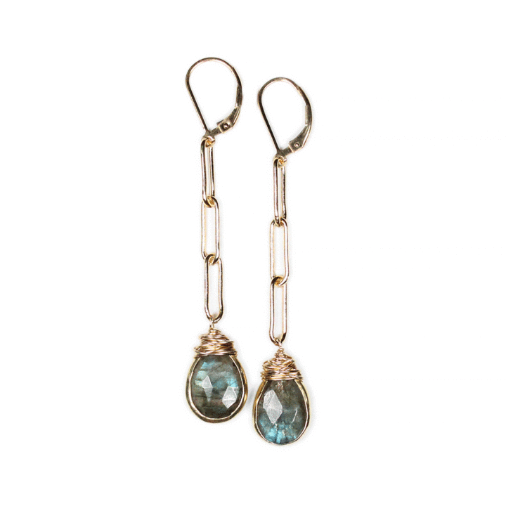 Labradorite Gold Paperclip Linear Earrings