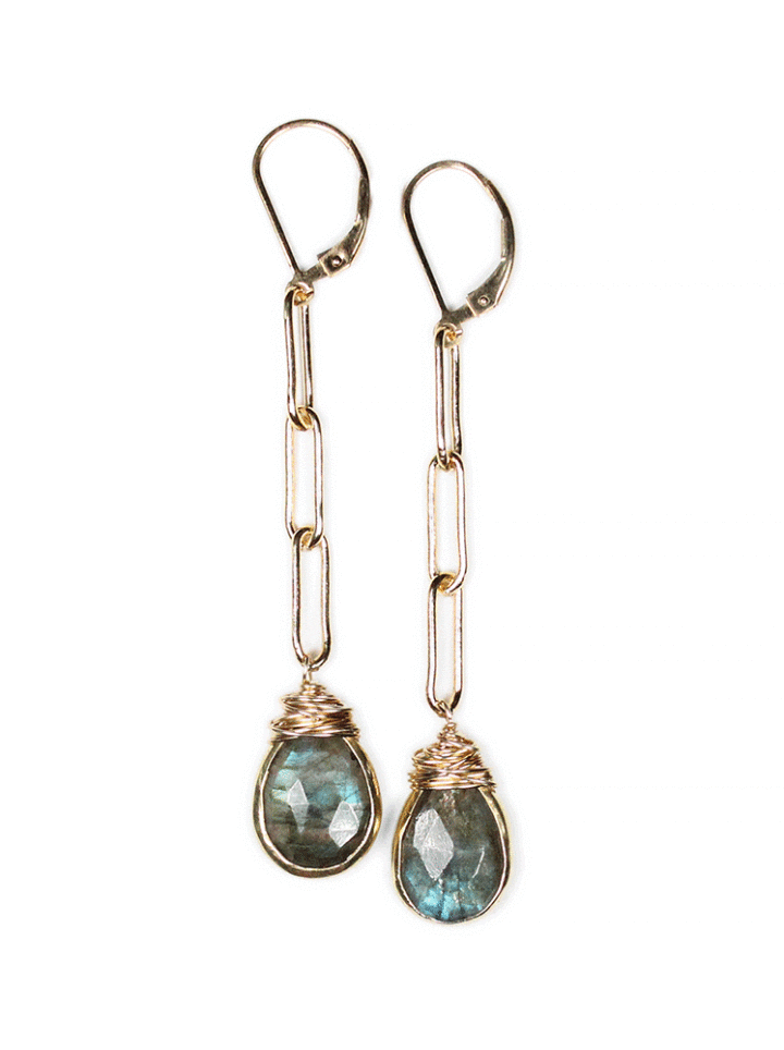 Labradorite Gold Paperclip Linear Earrings