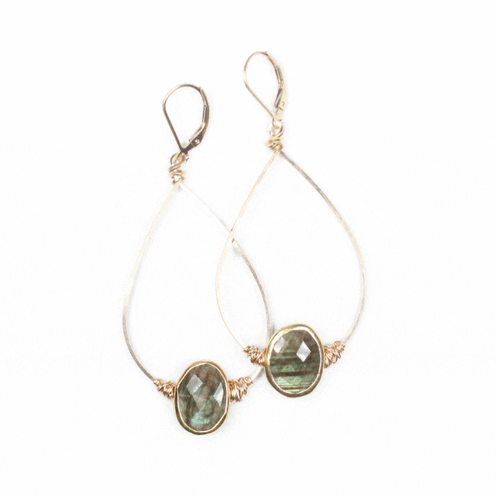 Labradorite Hand wrapped gold hoops | Bloom Jewelry made in Denver, CO.