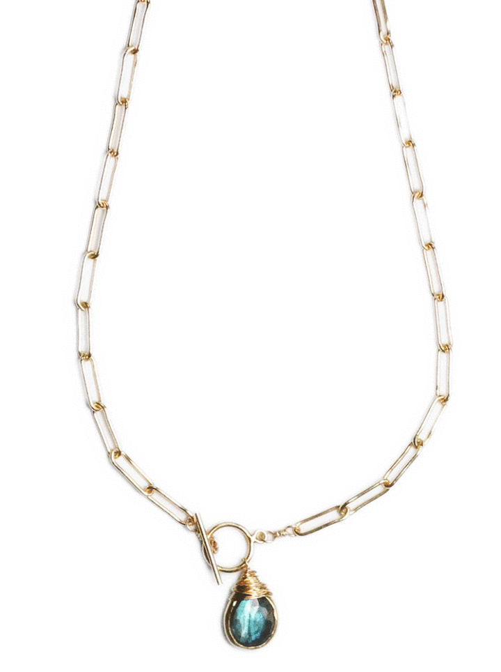 Lbradorite Tear Gold Paperclip Toggle Necklace | Handcrafted jewelry in Denver, CO