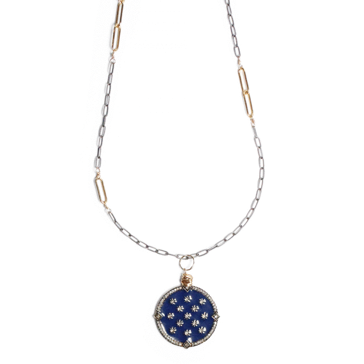 Pave Diamond Starry Night Navy Enamel Charm Pendant on Duo Paperclip Necklace| Bloom Jewelry Handcrafted Jewelry