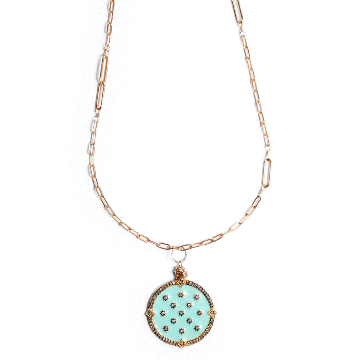 Pave Diamond Starry Night Turquoise Enamel Charm Pendant on Duo Paperclip Necklace| Bloom Jewelry Handcrafted Jewelry