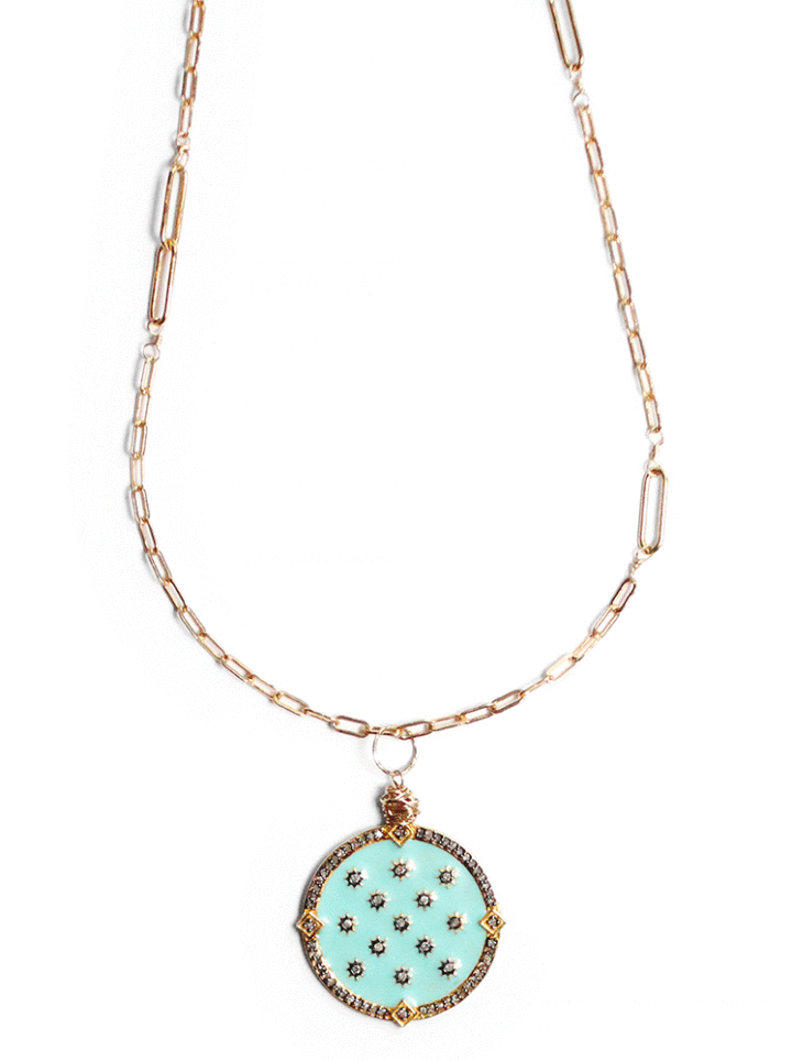 Pave Diamond Starry Night Turquoise Enamel Charm Pendant on Duo Paperclip Necklace| Bloom Jewelry Handcrafted Jewelry