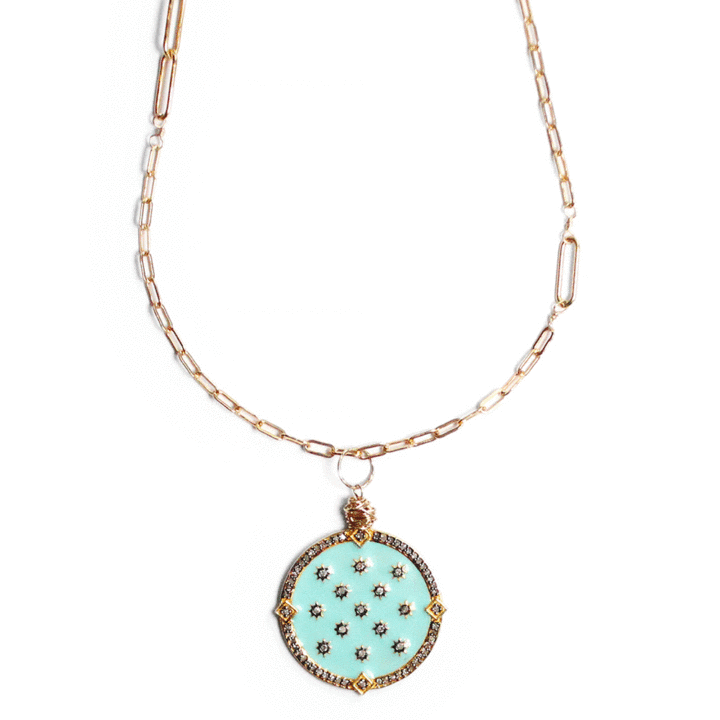 Pave Diamond Starry Night Turquoise Enamel Charm Pendant on Duo Paperclip Necklace| Bloom Jewelry Handcrafted Jewelry