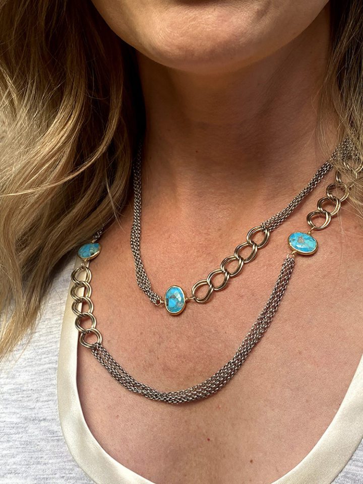 Green Turquoise Rolo Antique Long Necklace - Jewelry made in USA Bloom Jewelry