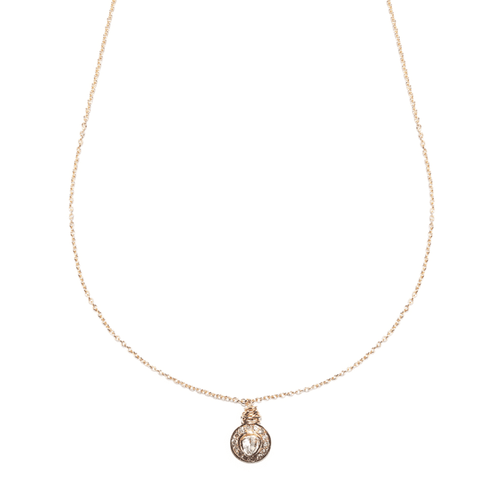 Rose Cut Diamond Pave Diamond Halo Gold Delicate Necklace | Bloom Jewelry handcrafted in Denver, CO.