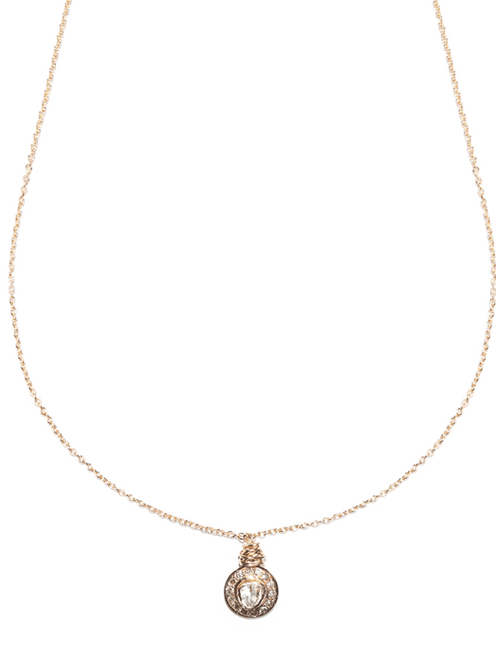 Rose Cut Diamond Pave Diamond Halo Gold Delicate Necklace | Bloom Jewelry handcrafted in Denver, CO.