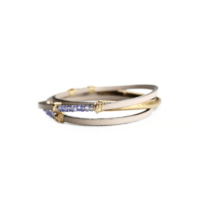 Tanzanite Rondelle Thin Leather Triple Wrap Magnetic Clasp Bracelet