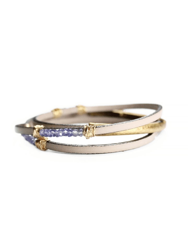 Tanzanite Rondelle Thin Leather Triple Wrap Magnetic Clasp Bracelet