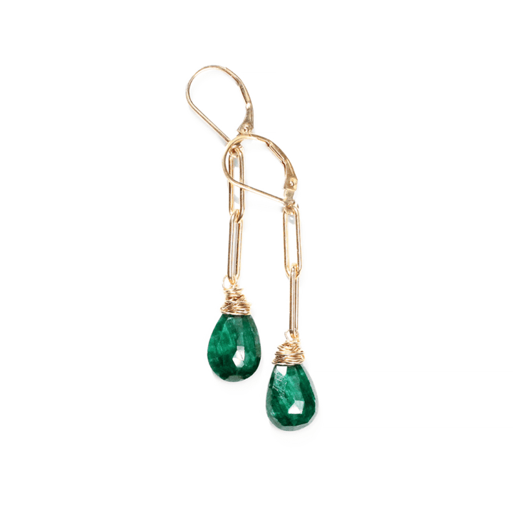 Emerald Gold Paperclip Linear Earrings Handcrafted Jewelry Made in Denver, CO