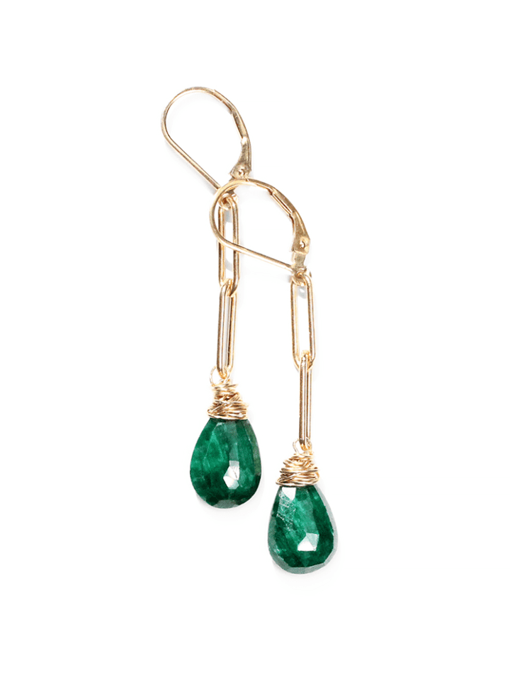 Emerald Gold Paperclip Linear Earrings Handcrafted Jewelry Made in Denver, CO