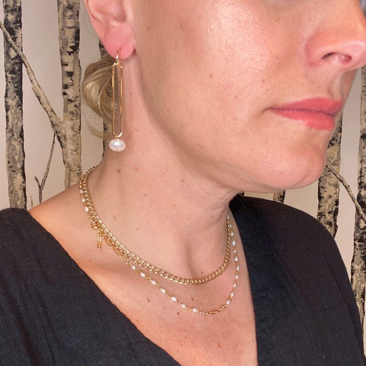 Pearl Long Gold Paperclip Huggies - Image 3