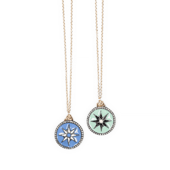 Enamel Compass Star Pave Diamond Halo Deli Necklace | Handcrafted in Denver, CO