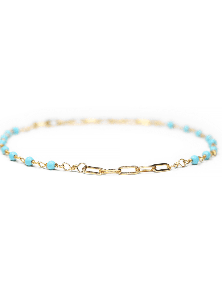 Blue Turquoise Gold Paperclip anklet - Handcrafted in Denver, CO. Bloom Jewelry