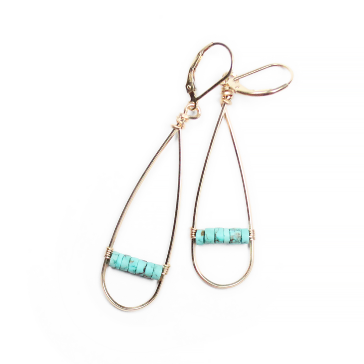 Green Turquoise Gold Linear Hoops Handcrafted in Denver, CO