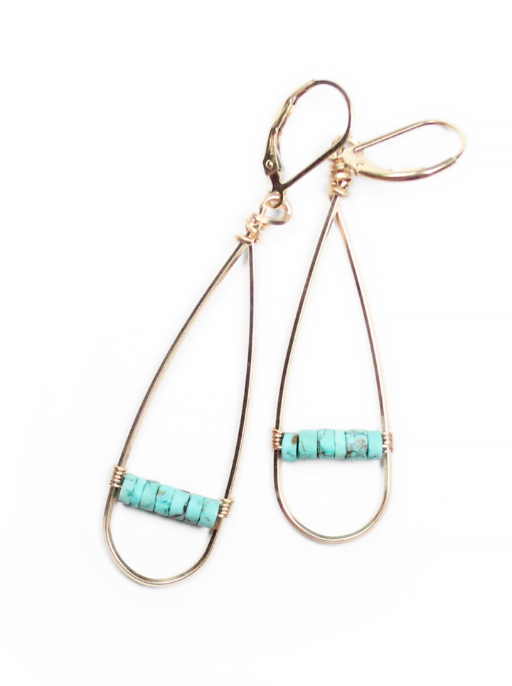 Green Turquoise Gold Linear Hoops Handcrafted in Denver, CO