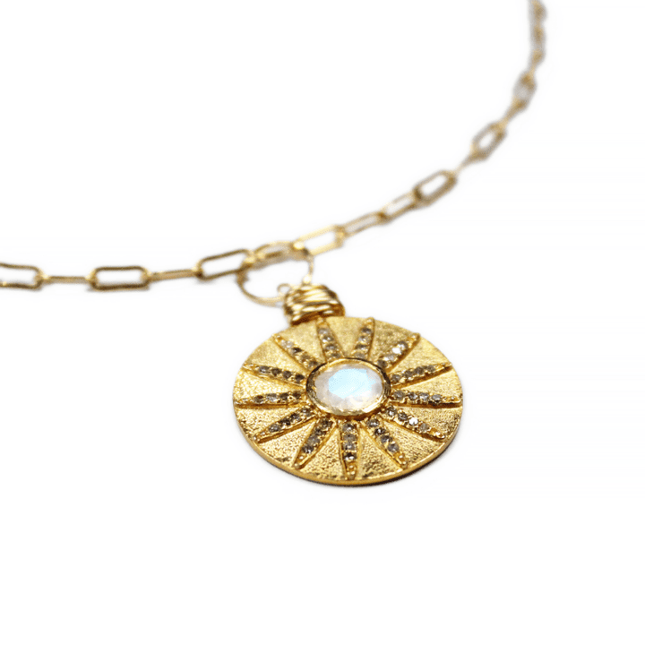 White Moonstone Pave Diamond Star Gold Coin Paperclip Necklace | Bloom Jewelry Handcrafted Jewelry in USA