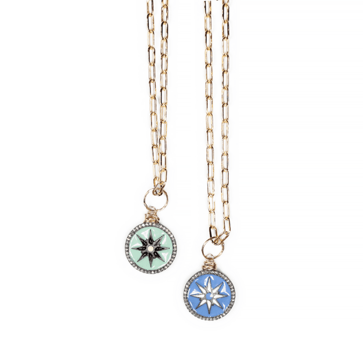 Enamel Pave Diamond Coin Paperclip Necklaces Turquoise Blue |Bloom Jewelry Handcrafted in Denver, CO