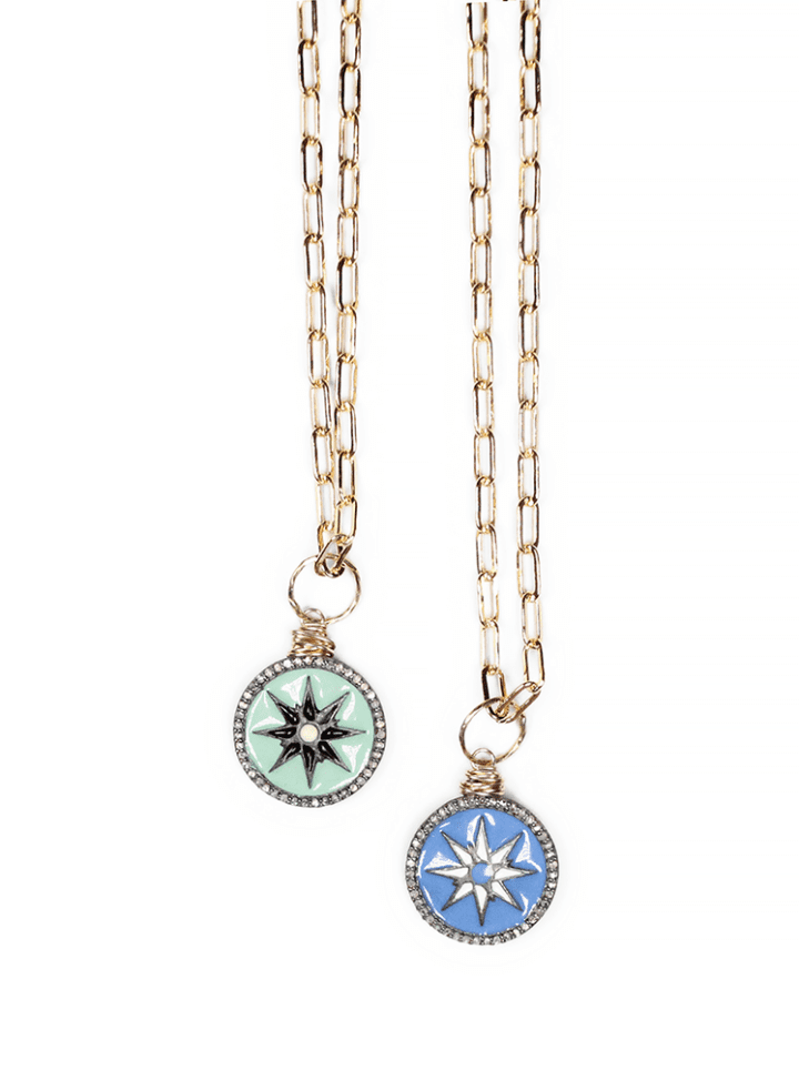 Enamel Pave Diamond Coin Paperclip Necklaces Turquoise Blue |Bloom Jewelry Handcrafted in Denver, CO