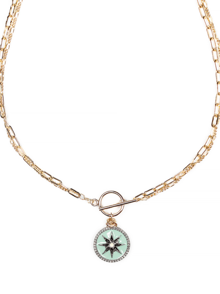 Turquoise Diamond Coin Toggle Necklace