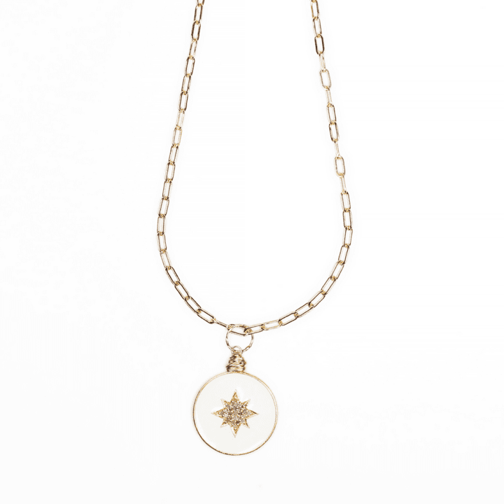 Ivory Enamel Pave Diamond North Star Gold Paperclip Necklace