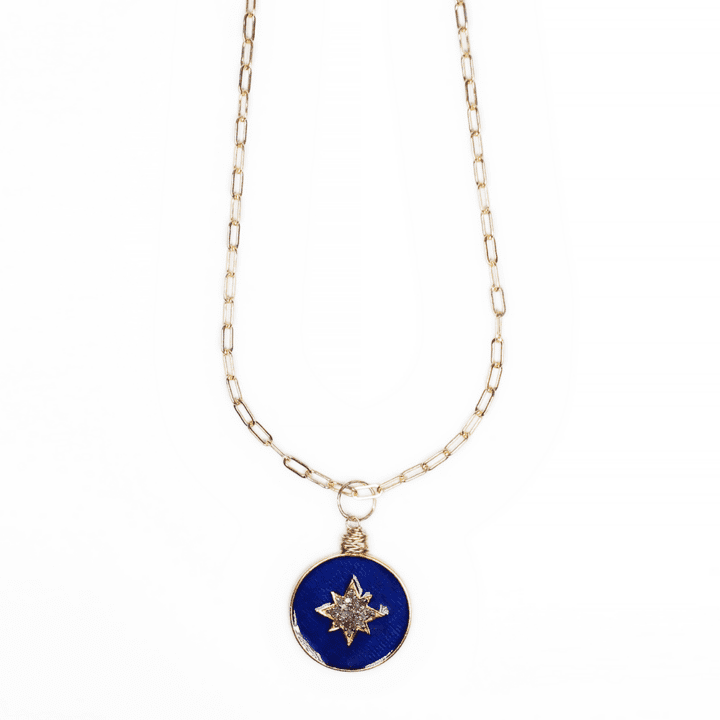 Navy Enamel Pave Diamond North Star Oxidized Silver & Gold Paperclip Necklace | Bloom Jewelry Made in USA