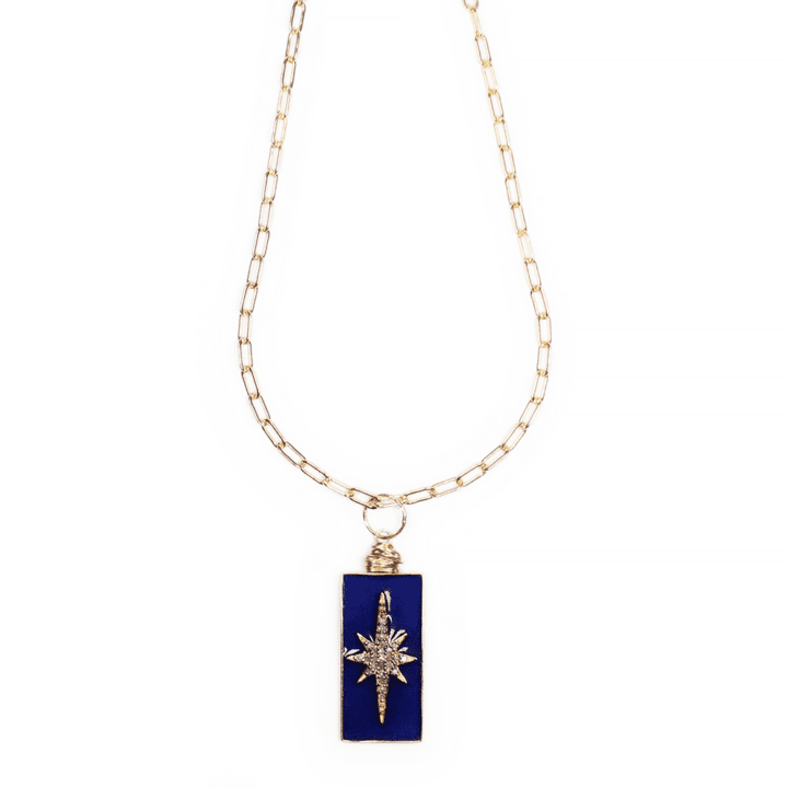 Navy Enamel Pave Diamond North Star Rectangle Oxidized Silver & Gold Paperclip Necklace
