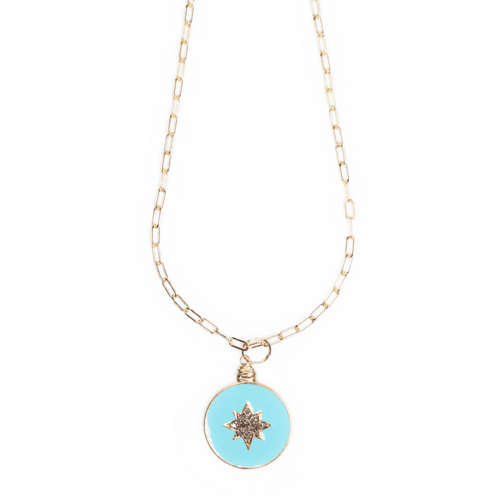 Turquoise Enamel Pave Diamond North Star Oxidized Silver & Gold Paperclip Necklace