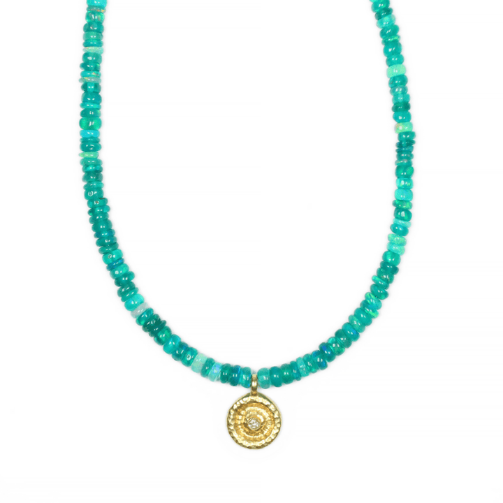 Green Opal Diamond Solitare Gold Disc Strung Choker | Handcrafted in Denver, CO Bloom Jewelry