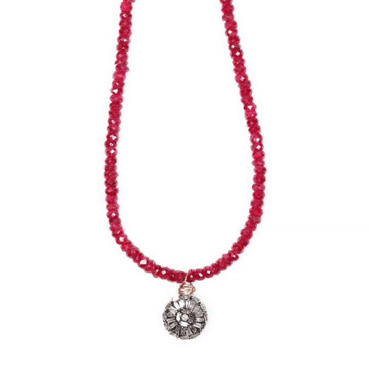 Baguette Diamond Wheel CoinRuby Hand Strung Choker Necklace