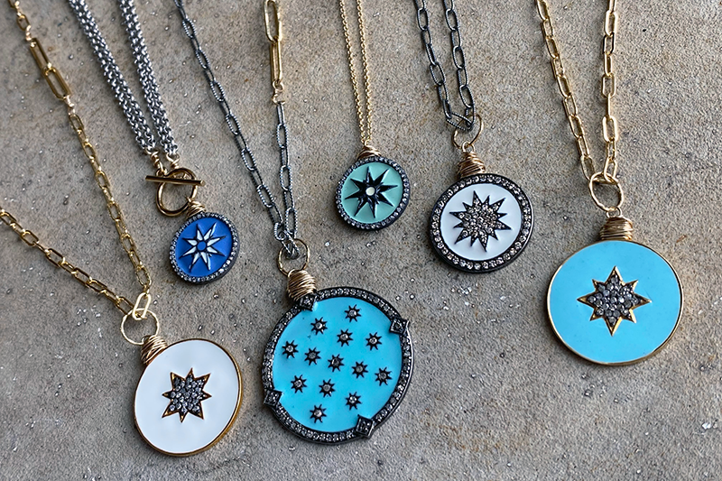 Pave Diamond Enamel Charm Necklaces