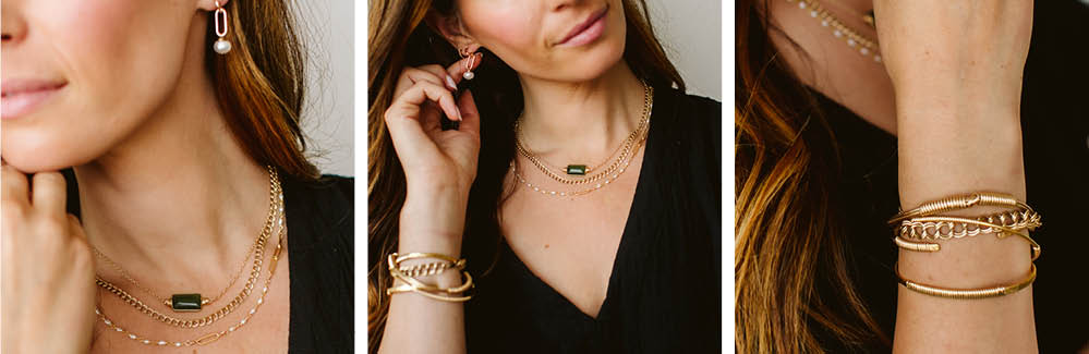Pearl + Green Serpentine Jewelry on Model | Bloom Jewelry