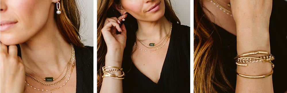Pearl + Green Serpentine Jewelry on Model | Bloom Jewelry