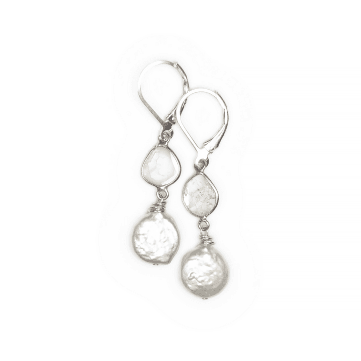 Pearl Diamond Slice Drop Earrings Silver