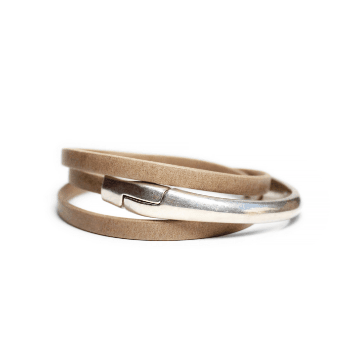 Taupe Silver Triple Wrap Leather Cuff Bracelet