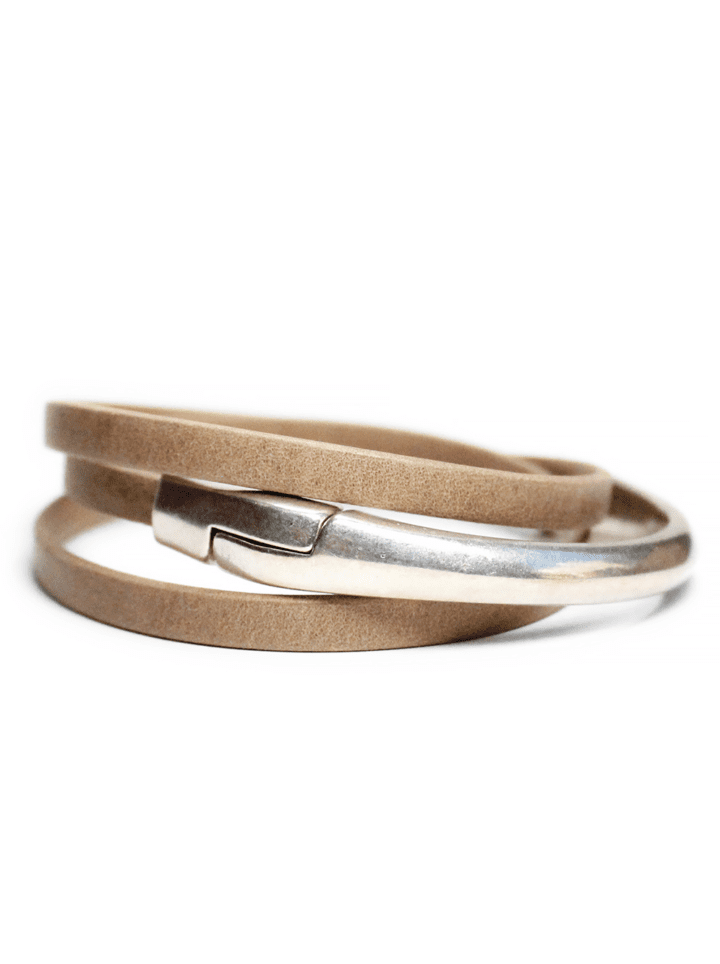 Taupe Silver Triple Wrap Leather Cuff Bracelet