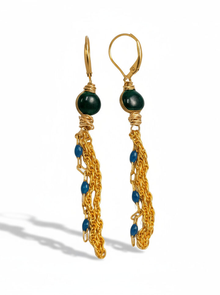 Teal Enamel Tassel Linear Earrings